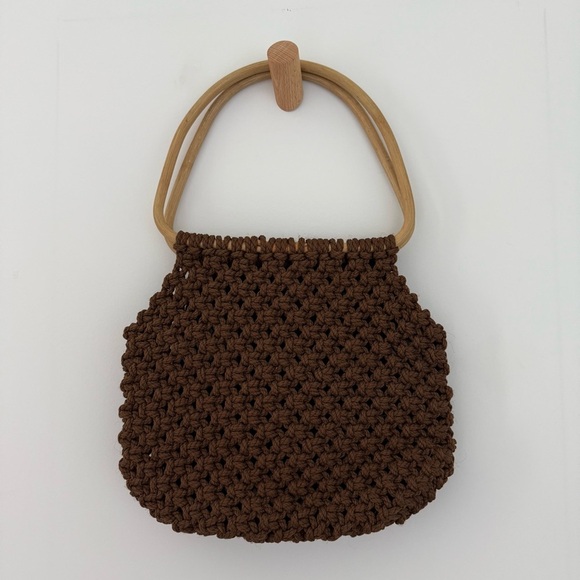 Handbags - Vintage 1970s brown boho crochet knit tote bag with wood handles